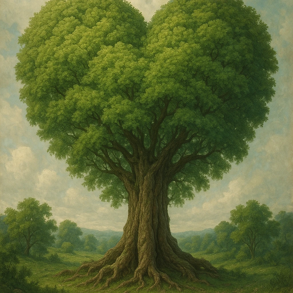 a giant tree with a canopy perfectly shaped like a heart, towering and majestic, highly detailed, natural, fantasy art emoji