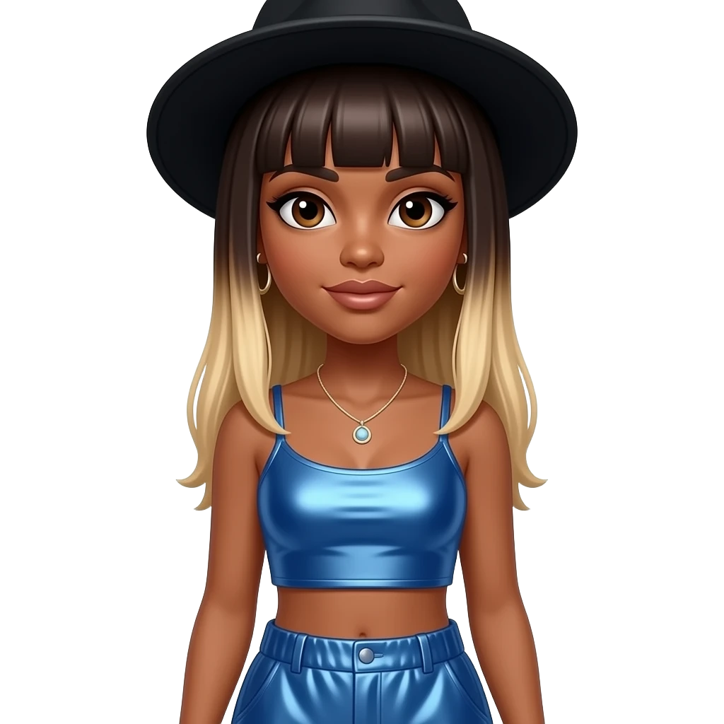 Natina Reed from Blaque with dark brown eyes, long dark brown straight bang hair with blonde ombre, black hat, blue metallic crop top, blue metallic baggy pants, necklace and earrings emoji