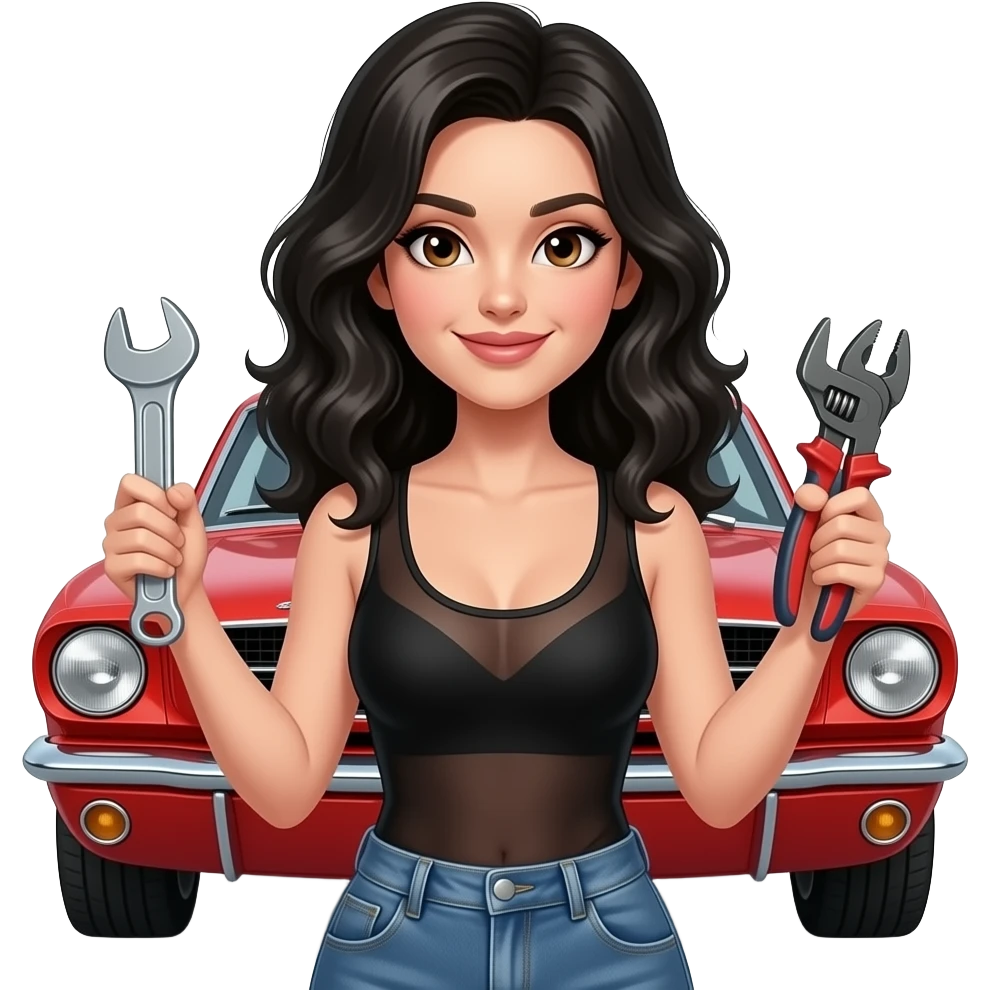 Pale girl with wavy jet black hair and brown eyes in front of a red ford mustang 1968 coupe. Girl wearing a sheer black sleeveless top, low rounded neckline, jeans. Girl with smirky smile holding an adjustable wrench in his right hand and a pair of multi-grip pliers in his left hand. emoji