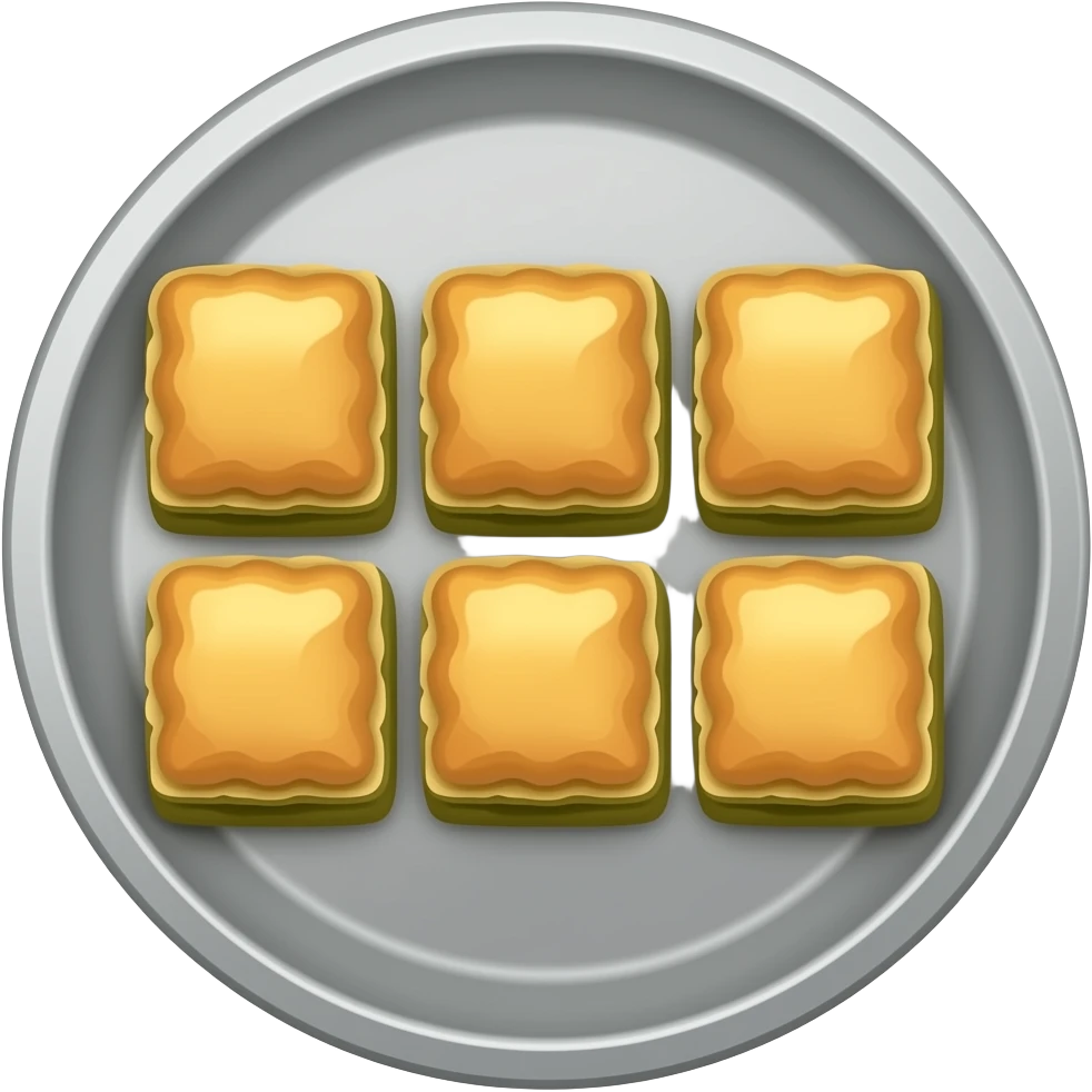 Yuvarlak gümüş bir tepside kare dilimlenmiş 2×3 sıralı toplam 6 adet fıstıklı baklavalar emoji