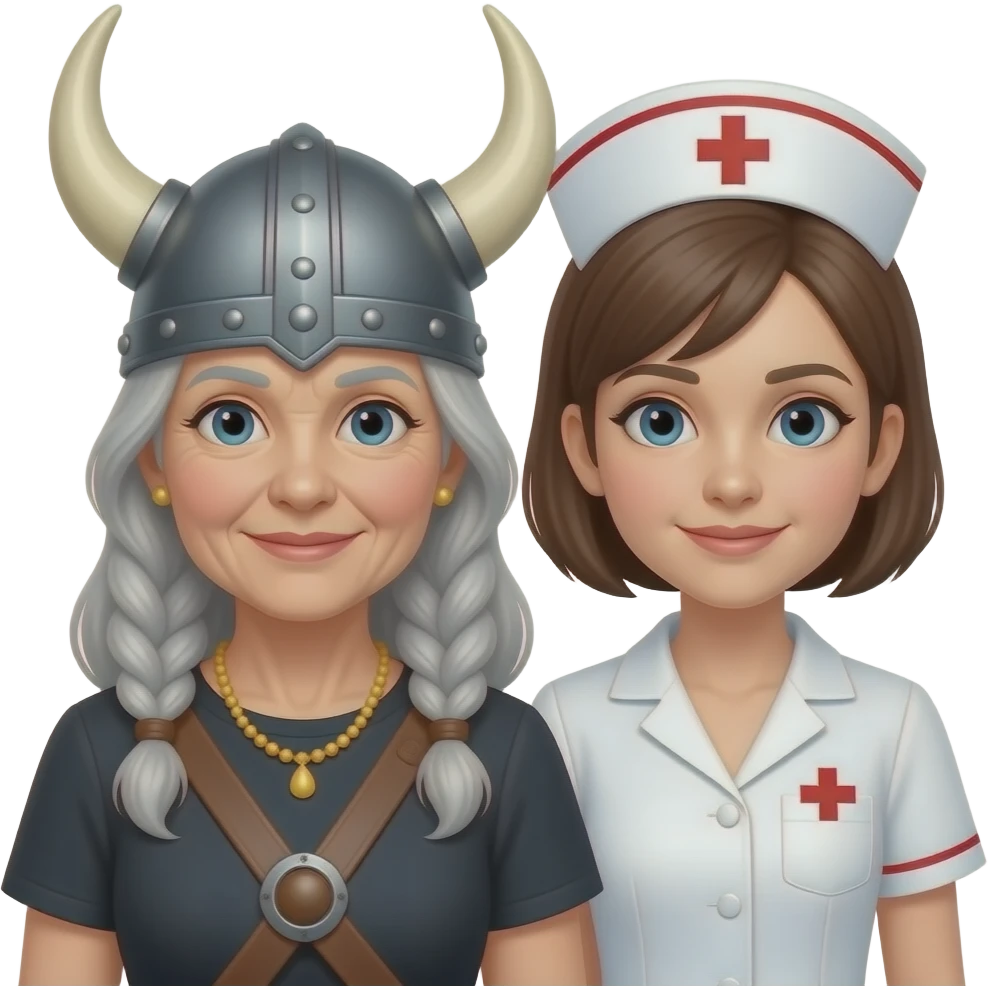 Viking helmet older gray hair woman and nurse short hair couple emoji
