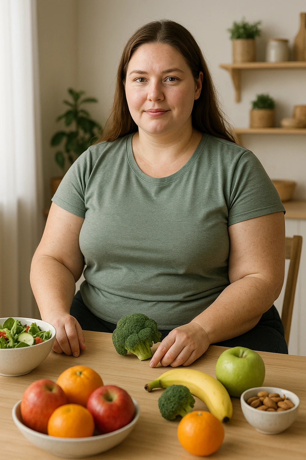 Donna con Lipedema che fa la dieta per migliorare anche a causa della sua PCOS, immagine realistica emoji