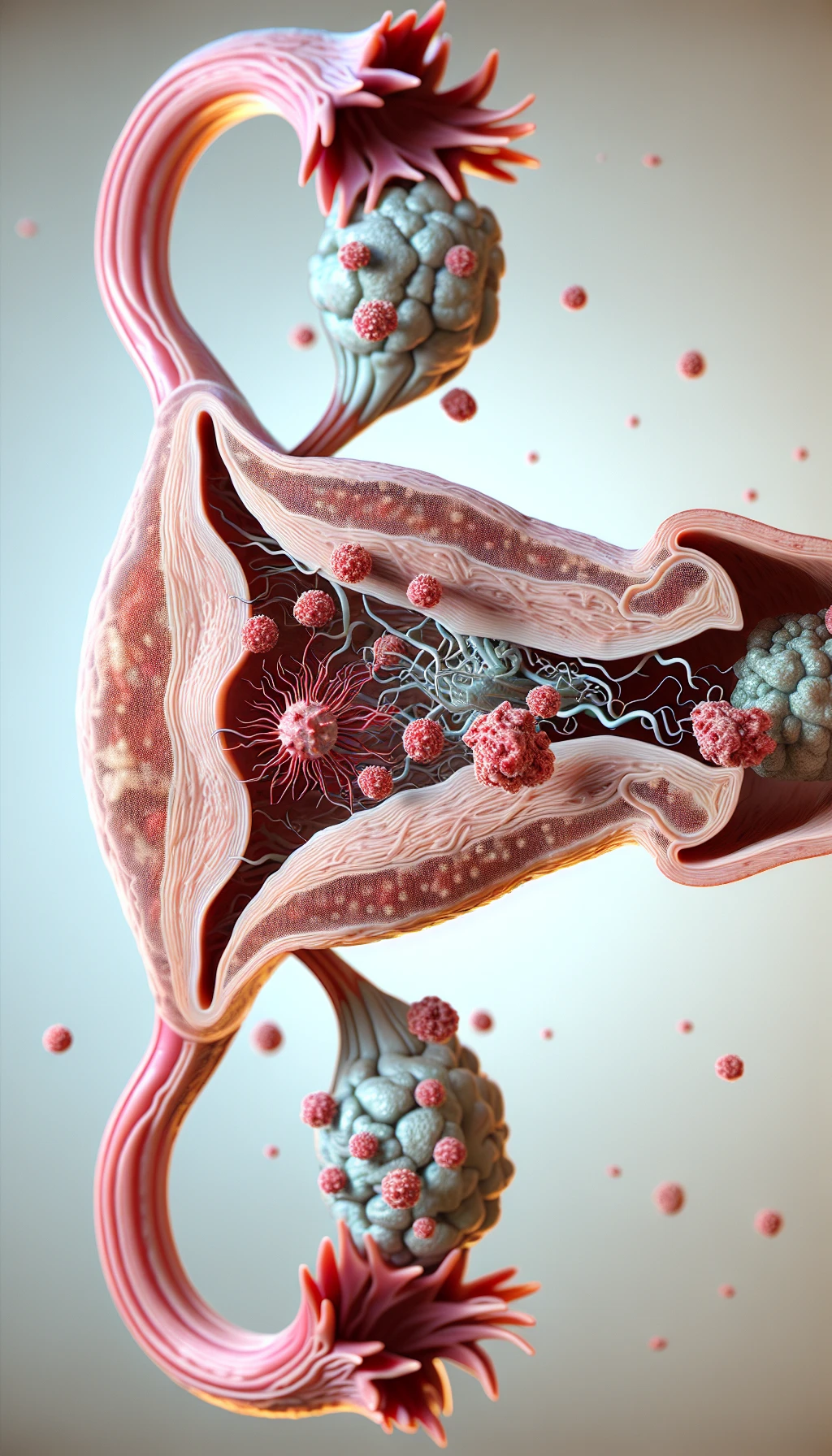 corpo umano anatomico con batteri come la candida nell'utero, sfondo neutro chiaro, iperrealistico 4k emoji