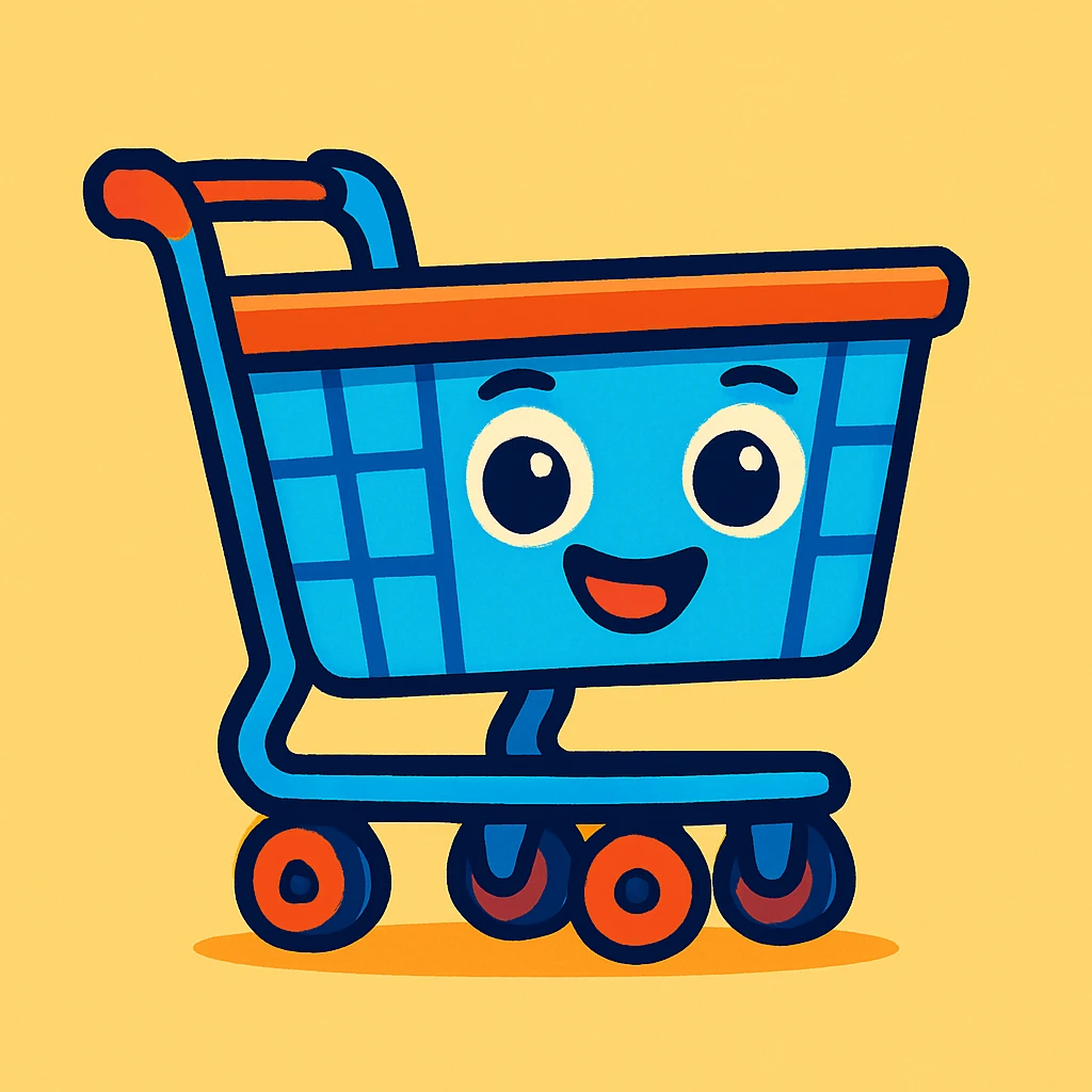cute cartoon shopping cart, simple and friendly, charming and approachable emoji