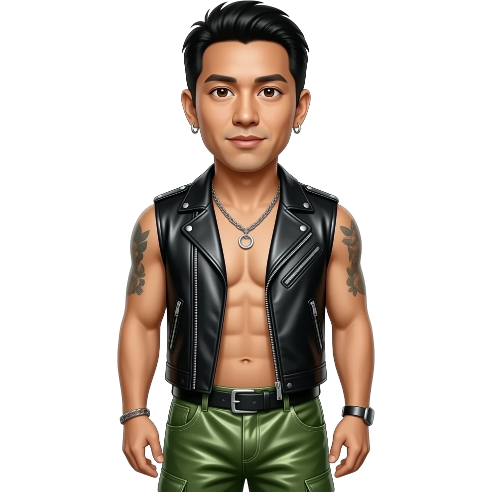 Mike Shinoda with brown eyes, black hair, black metallic vest, olive green metallic baggy loose pants, shirtless with necklace and earrings emoji
