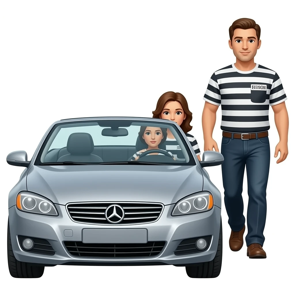 Wife IN convertible CAR, HUSBAND just got out, walking toward the Prison in background emoji
