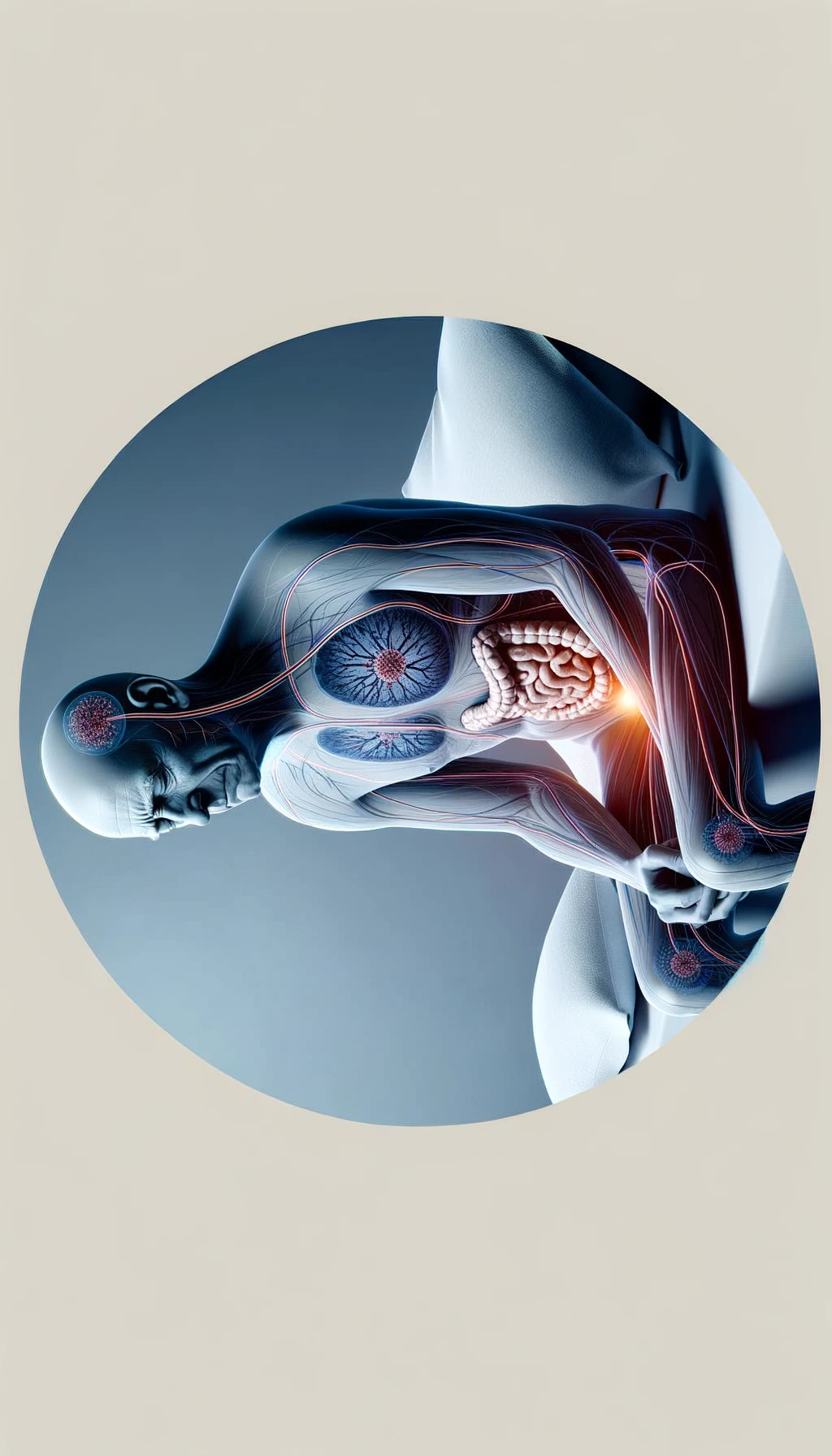 CORPO UMANO ANATOMICO SEDUTO NEL LETTO CHE NON RIESCE A DORMIRE, VESCICA ANATOMICA IN EVIDENZA, IPERREALISTICO SFONDO CHIARO NEUTRO emoji