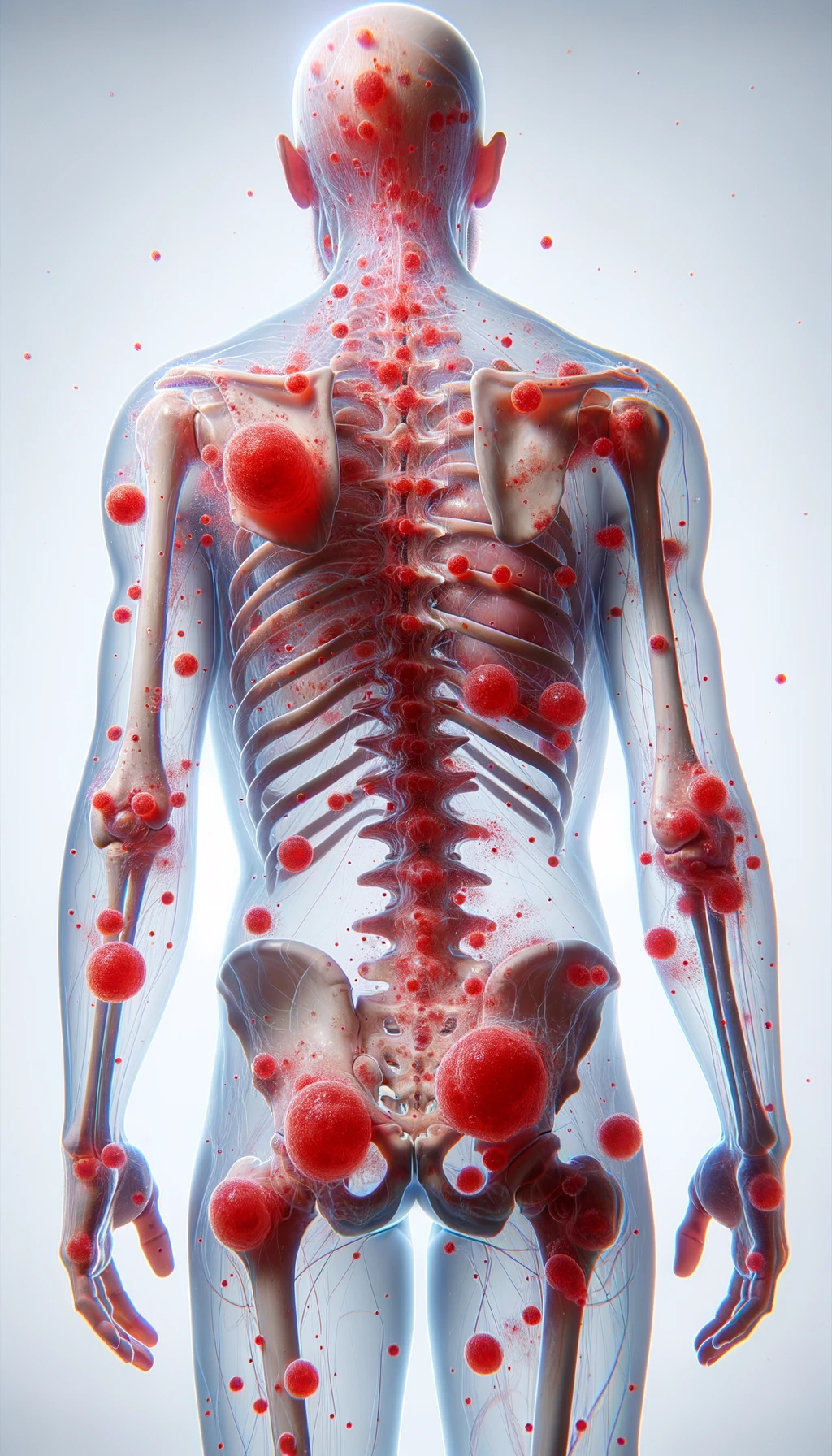CORPO UMANO ANATOMICO CON RED SPOT DI INFIAMMAZIONE SPARSI SUL CORPO, SFONDO CHIARO, iperrealistico 4k emoji