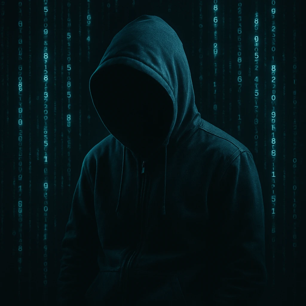 hacker, digital, mysterious, with a hoodie, glowing code, dark background emoji