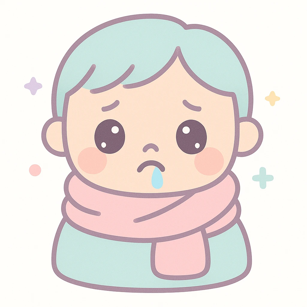 a sick child with a runny nose, wrapped in a scarf, sad expression, kawaii style emoji