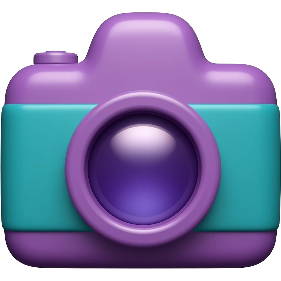 Glossy 3D rendered film camera emoji, smooth rounded cartoon design, deep purple (#610066) and teal (#045F70) color accents on the body, berry (#B4018C) lens ring, soft shading and highlights, white background, square emoji format emoji