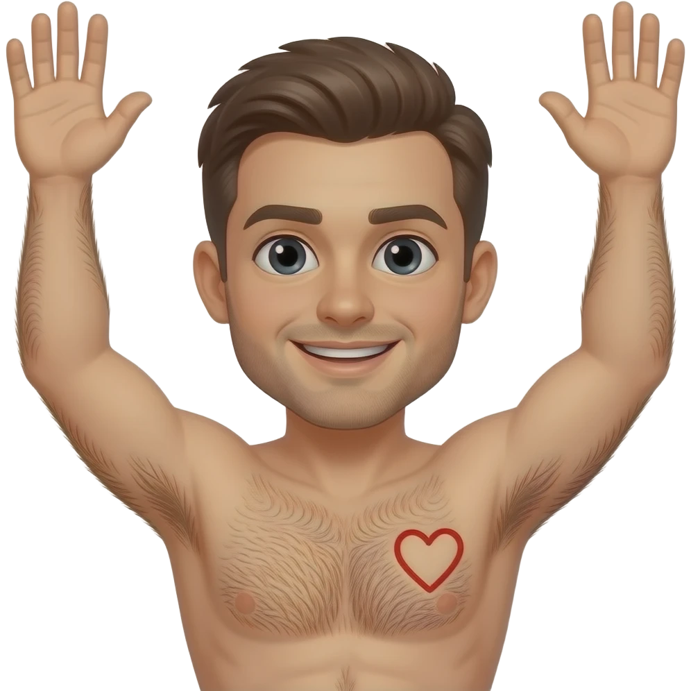 A guy with no shirt on with his arms up having hairy armpits with a heart in the armpit emoji