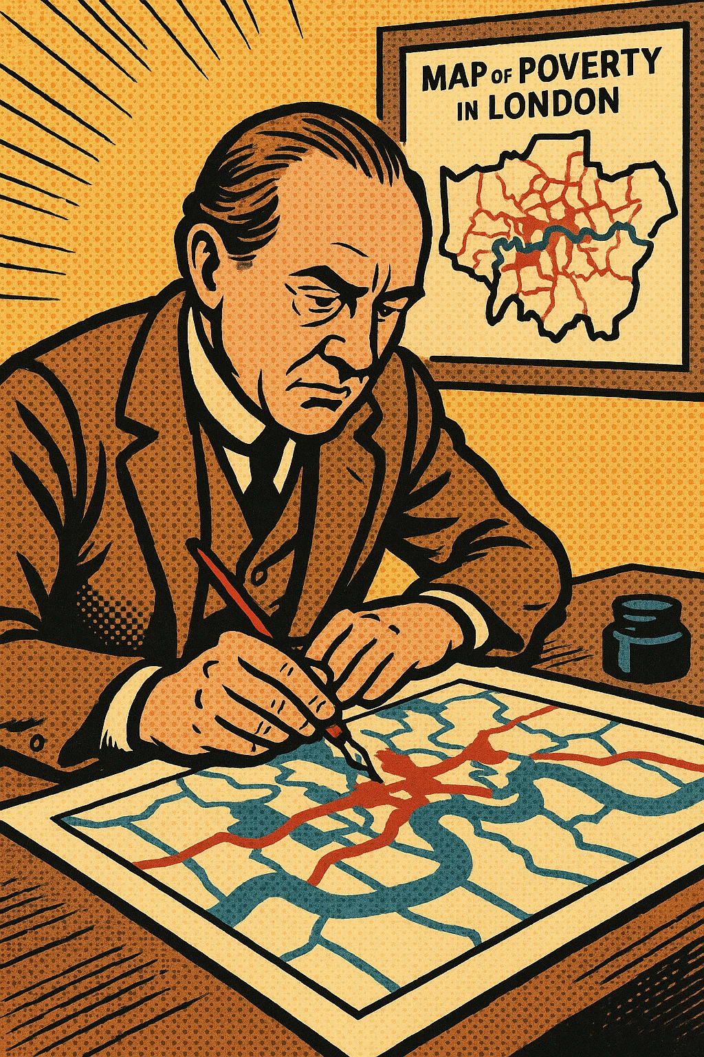 Charles Booth sitting at his desk creating a map of poverty in London emoji