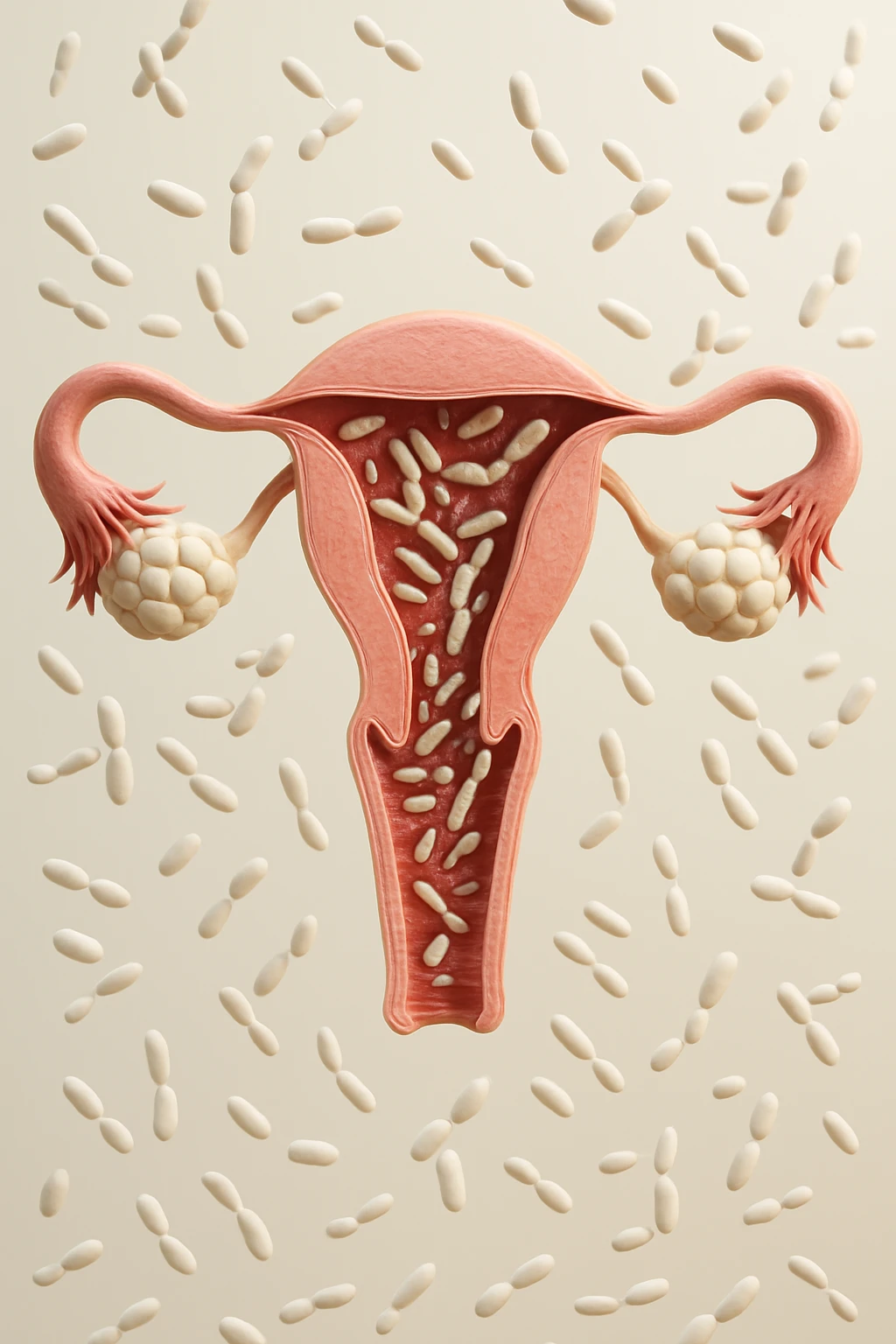 utero umano realistico con batteri della candida intorno, la foto si deve vedere per intero in formato verticale, sullo sfondo neutro chiaro ci sono batteri della candida, iperrealistico 4k emoji