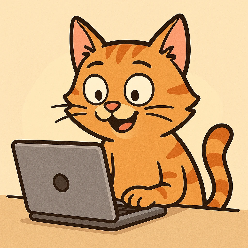 cartoon style cat using a laptop, bright and cheerful atmosphere emoji