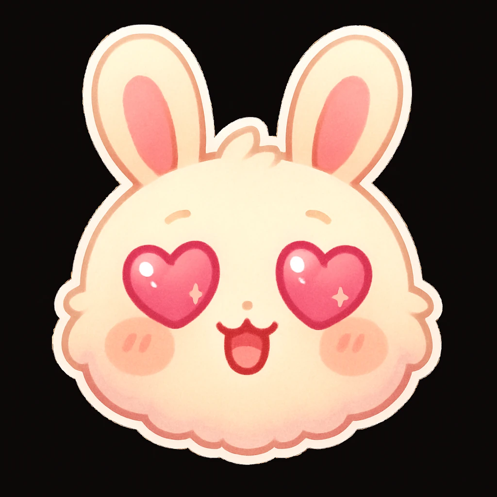 kawaii chibi-style bunny emoji with a round fluffy face, sparkly eyes, blushing cheeks, pastel color palette, love eyes mood, soft rounded design, anime-style, black background, vector art emoji