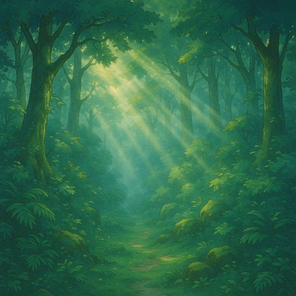 dense forest with mist and sunlight, Ghibli-inspired style emoji