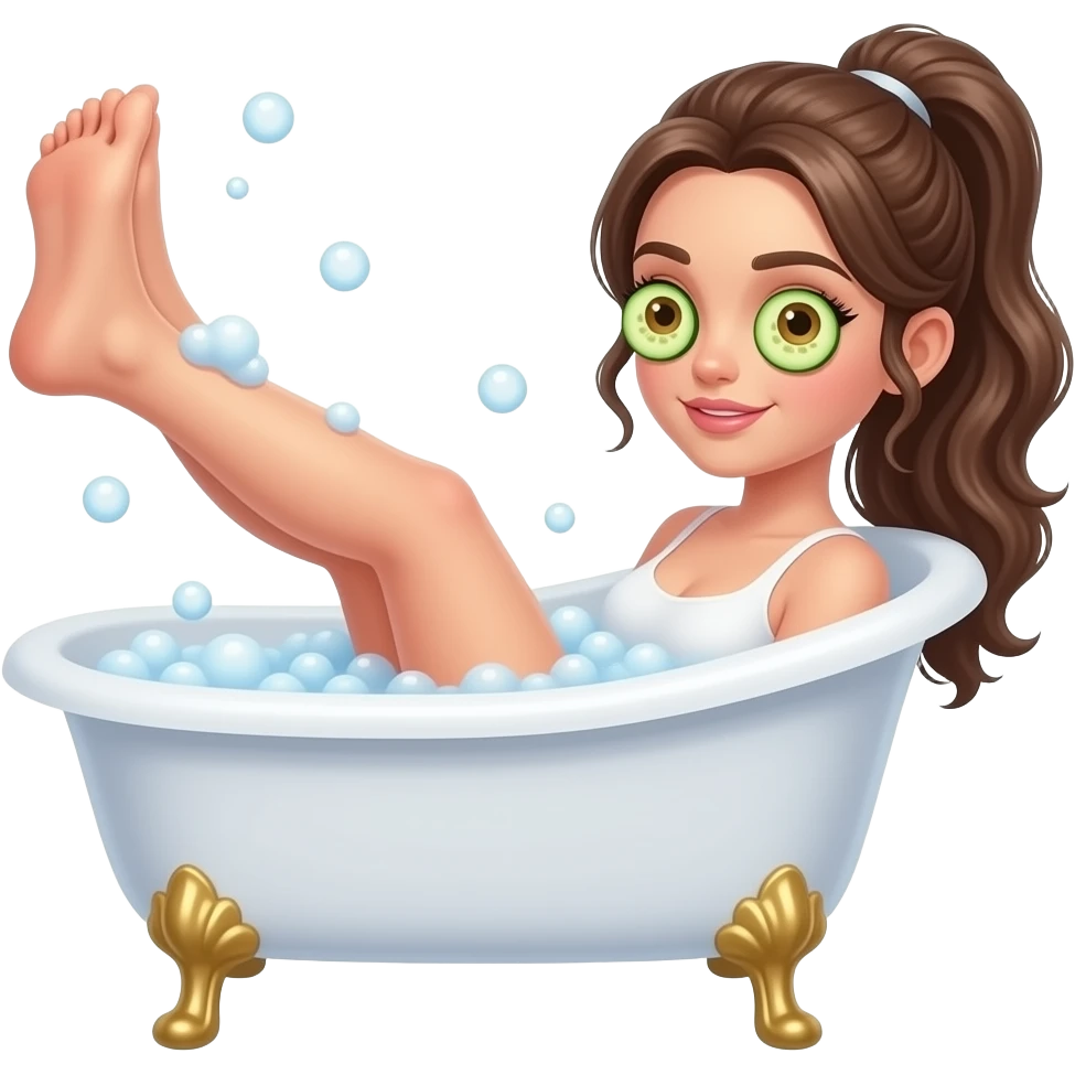 girl with wavy long ponytail brown hair, brown eyes, light to medium complexion,-long-lashes, lying full body in a white bathtub-with-bubbles with one foot out of the tub. She has cucumbers on her eyes emoji