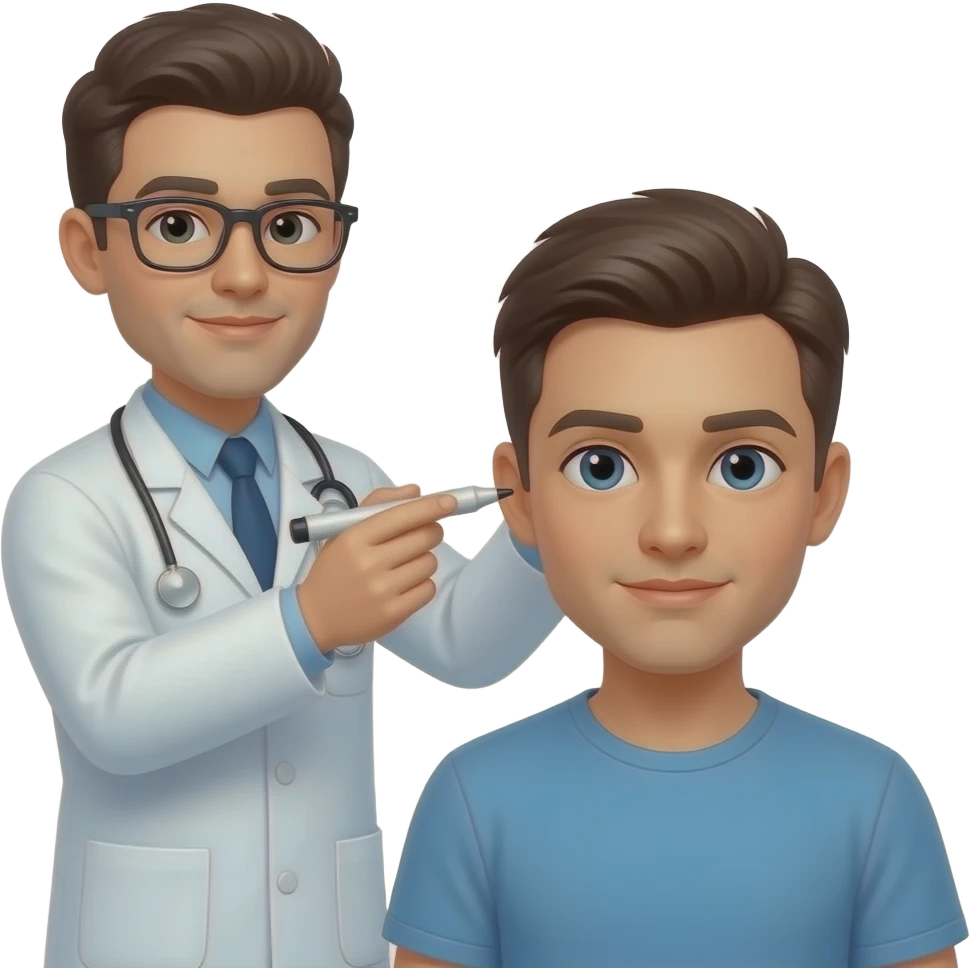 Hair transplant doctor with skin marker and patient sitting and waiting hairline desing emoji