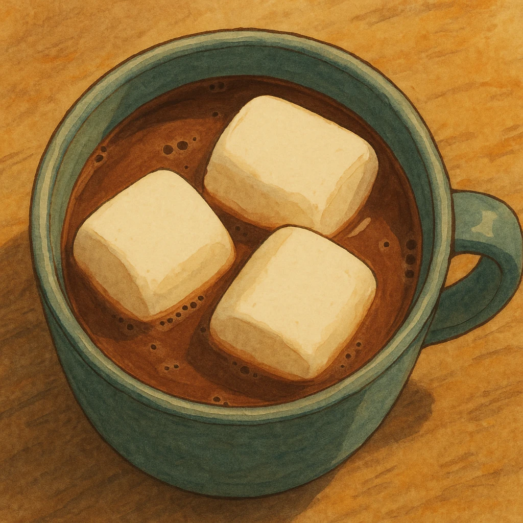 birds eye view of hot chocolate mug with three big marshmallows in it emoji