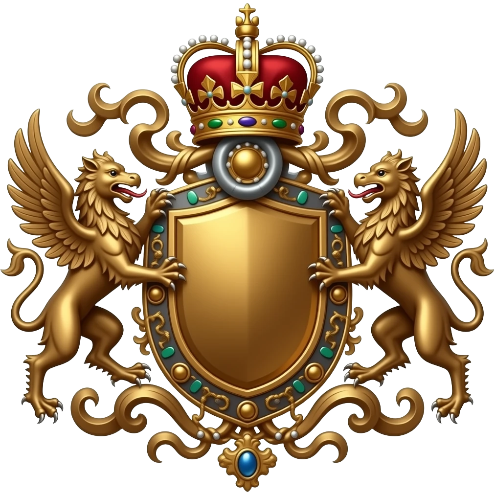 decorated bronze coat of arms with a bronze shield and bronze tendrils and ornaments, symmetrical with a royal ornate crown on top and two griffins hovering and supporting the shield, on a black background emoji