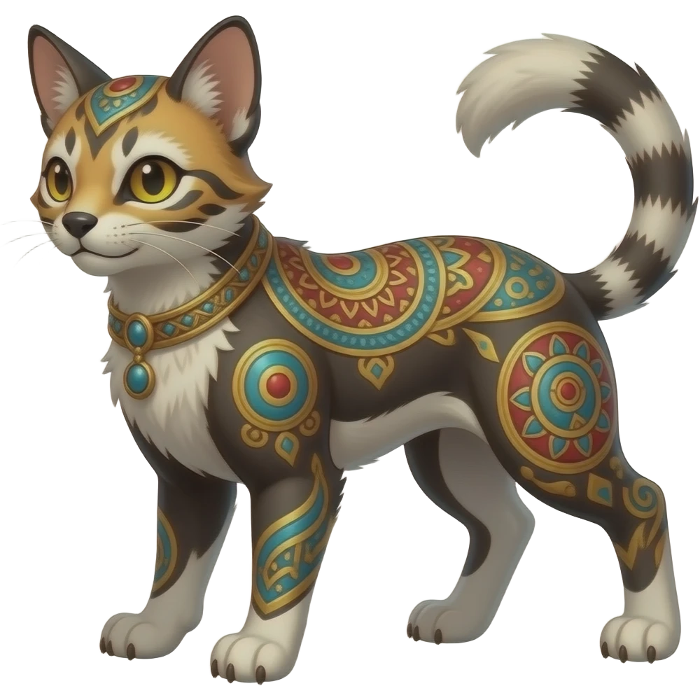 unique-patterned epic legendary vintage antique aesthetic quadrupedal elegant oriental feral painted fantasy-Civet-Litten-Luxray-Sprigatito-Furret-Sylveon-Fakémon-fusion-hybrid-creature emoji