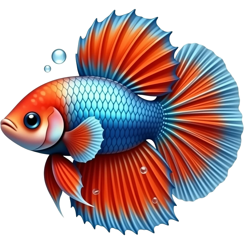 Red and orange with some really shiny blue White and green scales Betta fish and bubbles emoji
