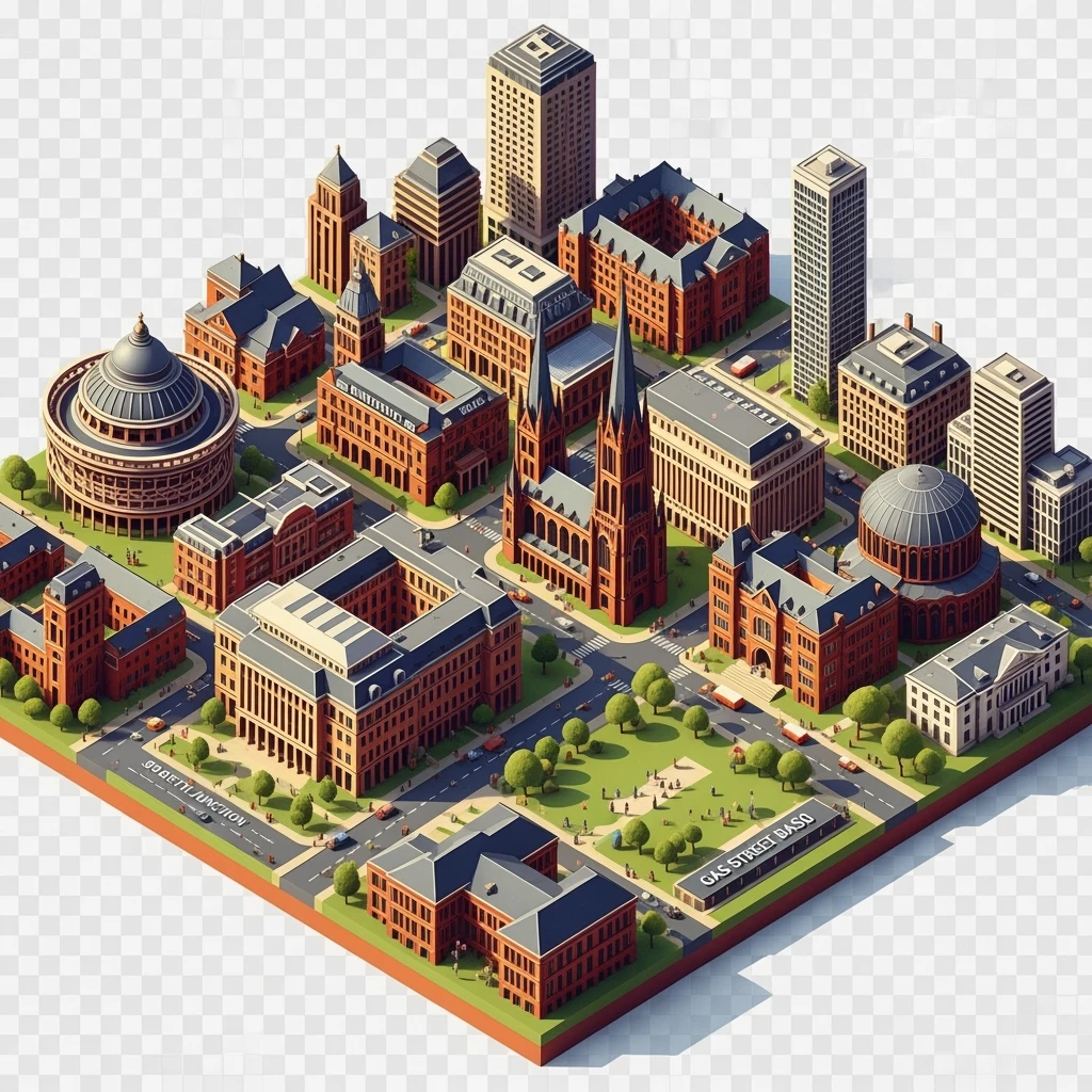 Isometric illustration of Birmingham, balanced between stylized and realistic, 3D miniature effect, transparent background. emoji