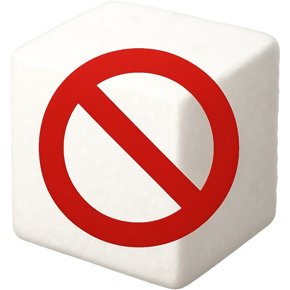 A sugar cube with a red prohibition sign over it, indicating sugar-free, in a simple and clear emoji style. The prohibition sign should be similar to the one used in 18+ emojis. emoji