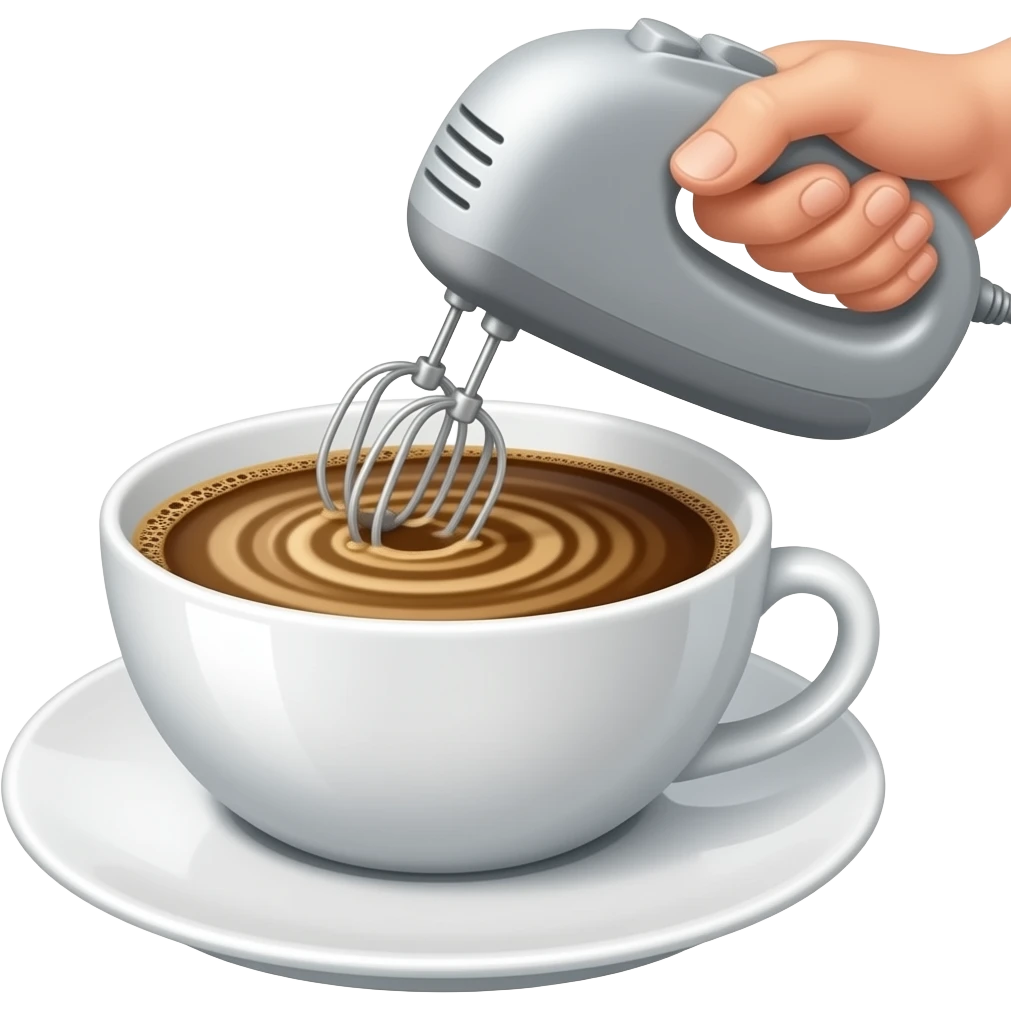 Minimal emoji-style illustration of coffee being mixed with a small electric hand mixer. A cup with liquid coffee, visible swirling motion from the mixer, soft foam forming. Clean, simple shapes, warm brown tones, light pastel cup, centered, minimal background. emoji