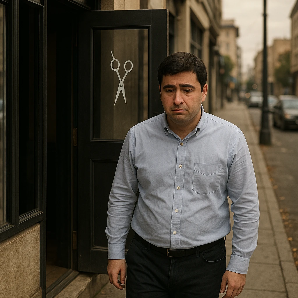 menga shu odamni sal yoshroq paytida sartarosh xonadan chiqib ketayotganini chizib ber kadr obshiy planda bulsin kucha xam umumiy kurinsin hafa bulib ketayotgan bulsin emoji