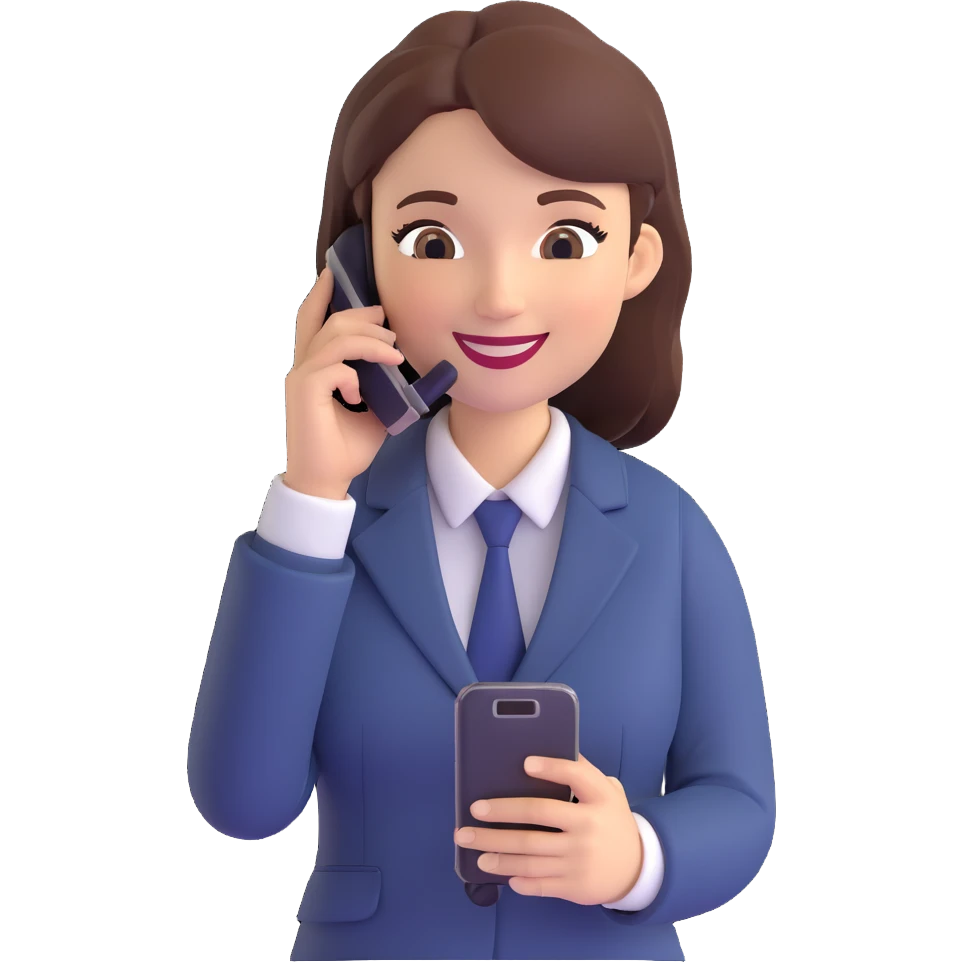 3D illustration, female office worker standing, smiling, using a mobile phone, positive and professional emoji