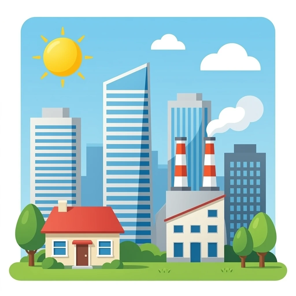 a house and tall office buildings and a factory, with no background, with no foreground emoji