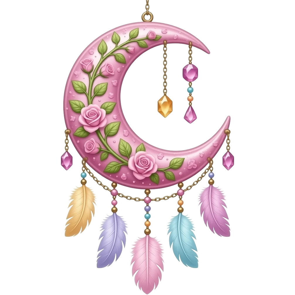Rosy shiny glossy sparkly romantic pastel crescent damask moon with rose quartz pastel vines pastel gems pastel beads with feathers and chains suncatcher-dreamcatcher emoji