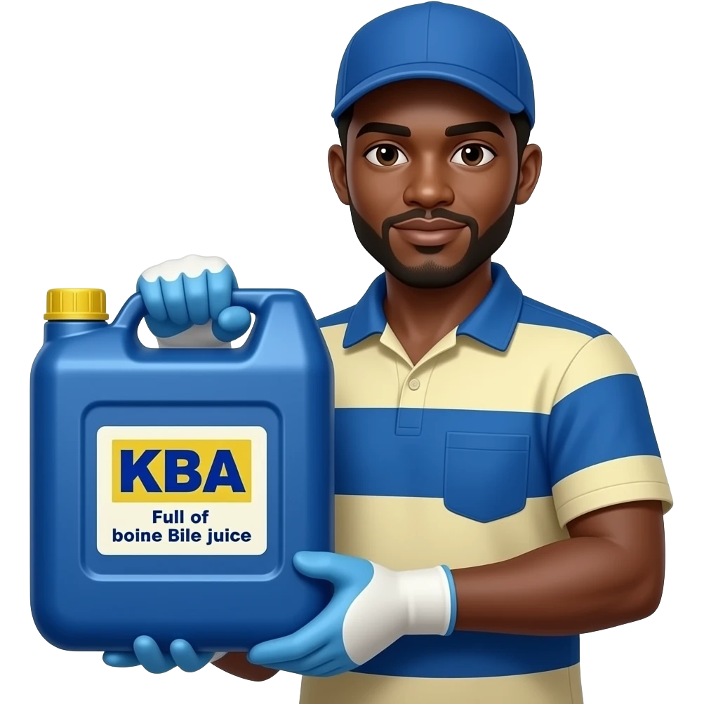 Afriacn Bile juice collector worker with 30 litre blue jerrican with yellow cap labed KBA full off bovine bile juice with blue and white gloves emoji