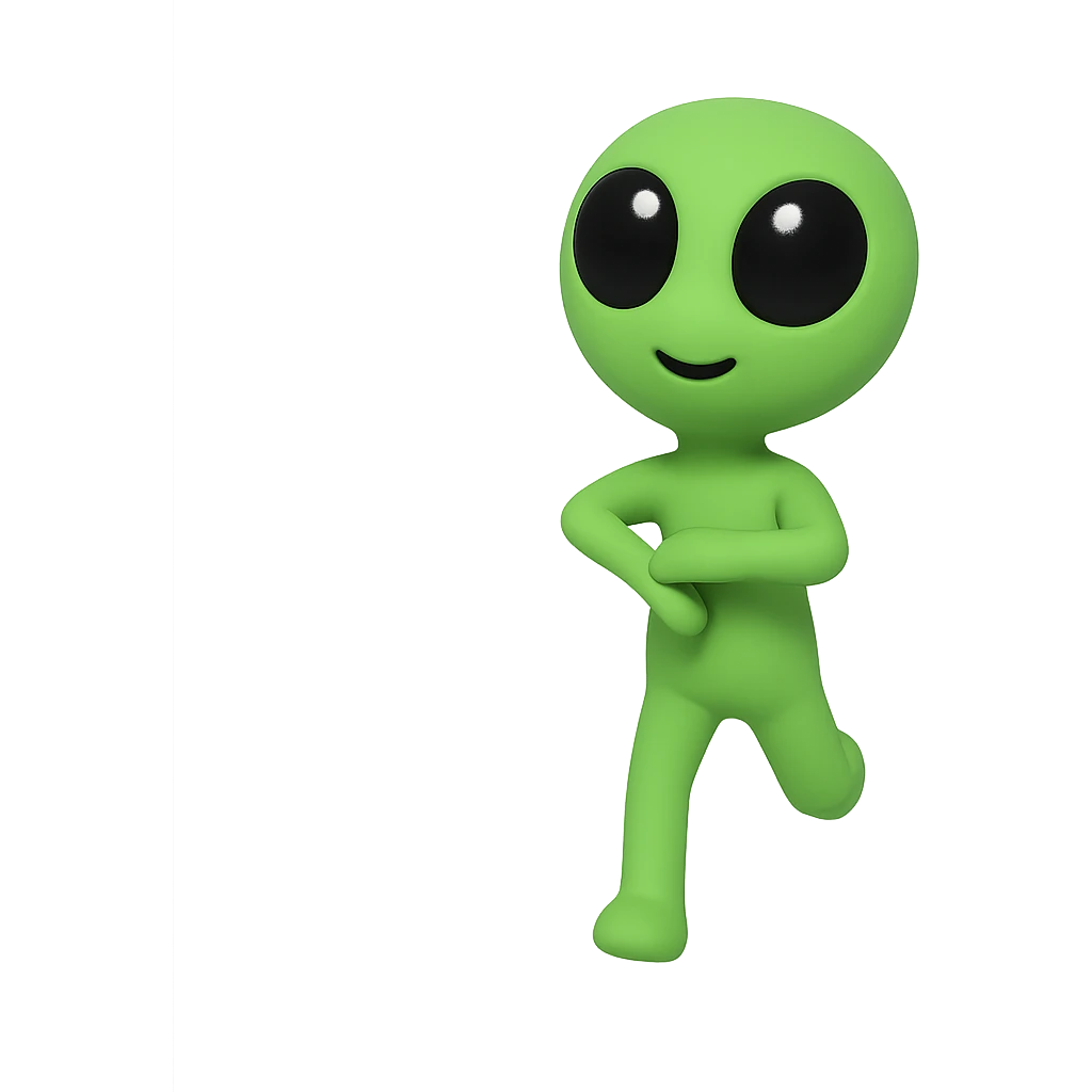 Create a neon green alien dancing, almost identical to the reference image, with minimal changes in the positions of arms and legs, looking straight ahead. This is frame 18 of the animation. PNG with transparent background. emoji