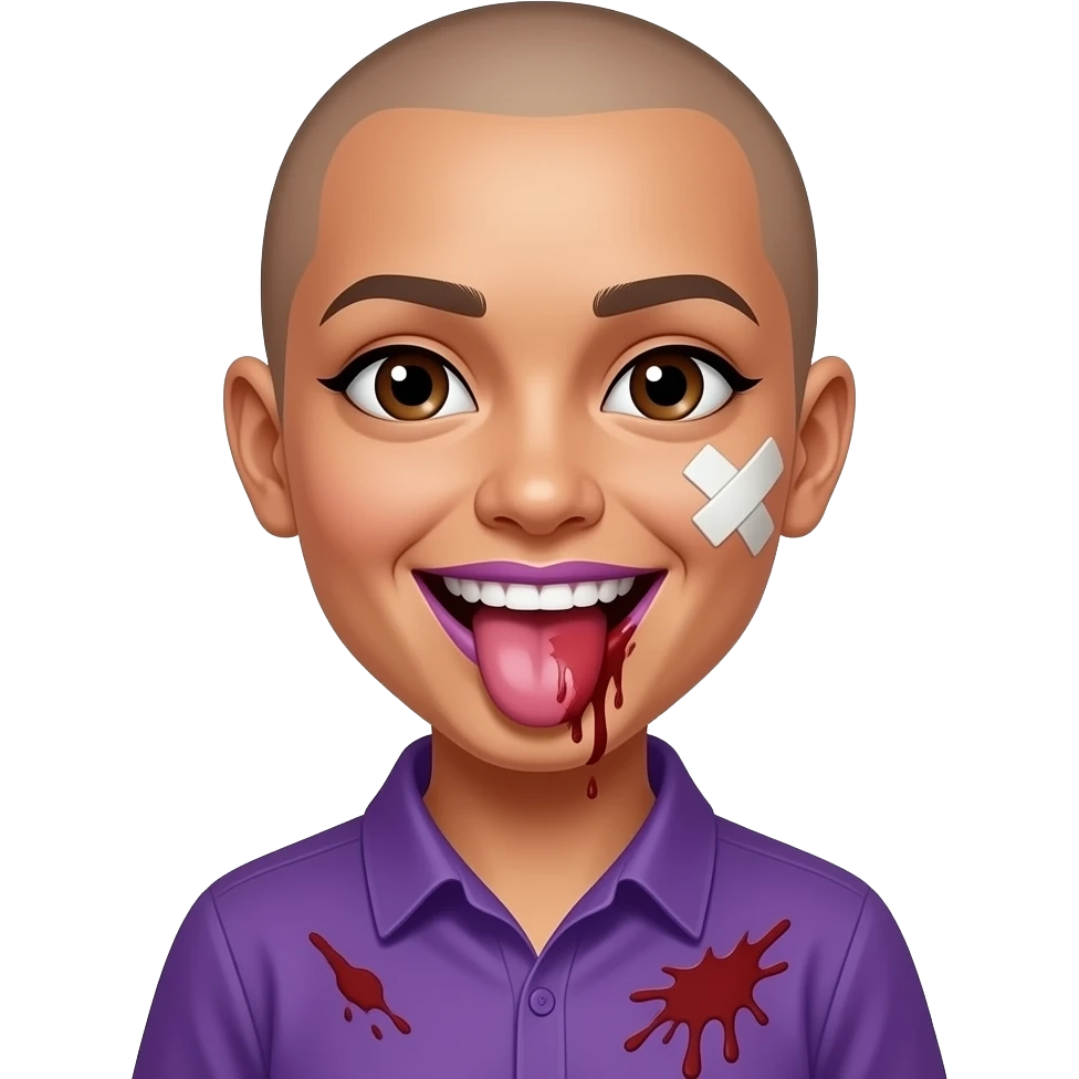 Mexican girl brown eyes whos bald snd and had a wide smile showing both sides of her teeth every single tooth purple shirt  push her hairline back give her purple lip gloss put blood stainds in her shirt  put a bandage oh her cheeck stick her tounge out out blood on her mouth emoji