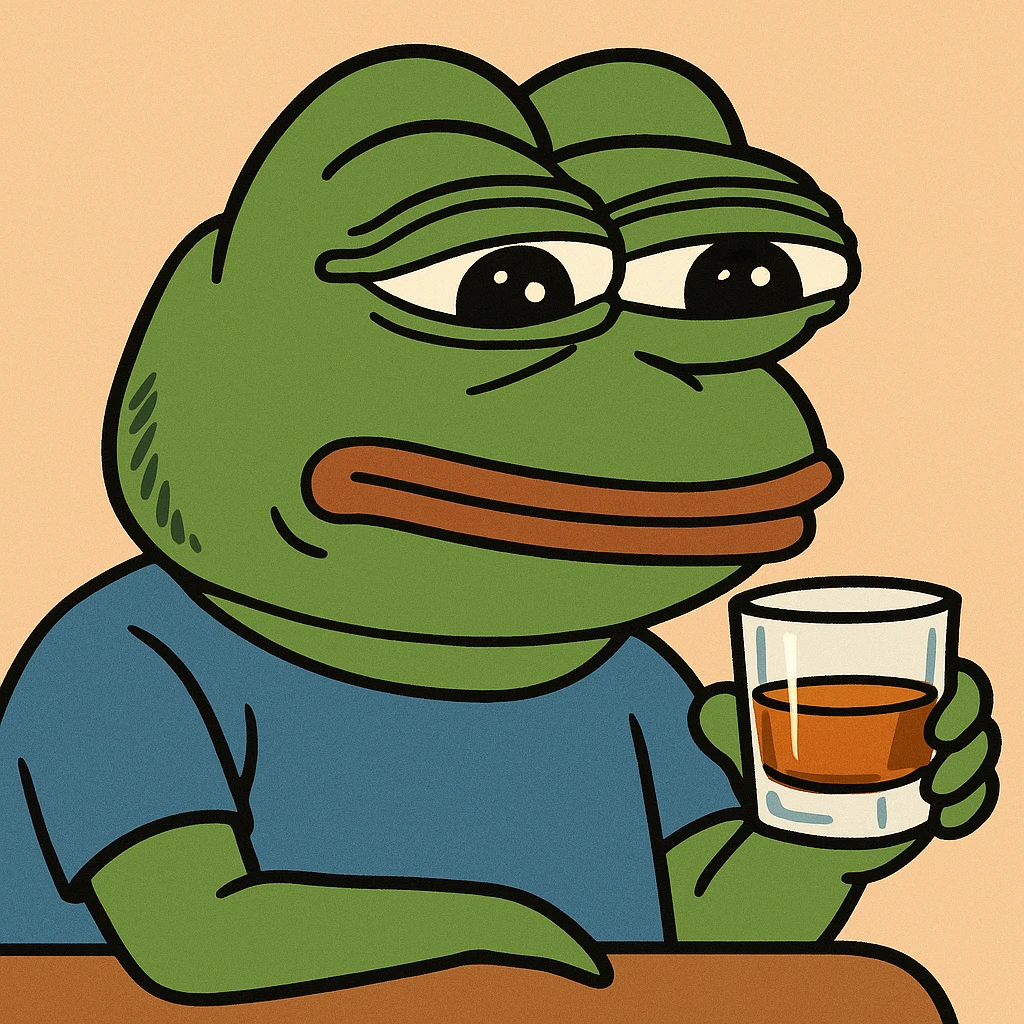 Pepe the Frog sitting and sipping whiskey from a glass, in pepe meme style emoji