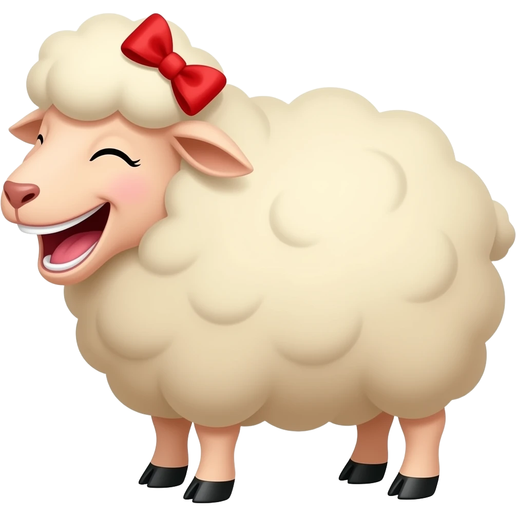 A beige sheep with a red bow on its head laughs emoji
