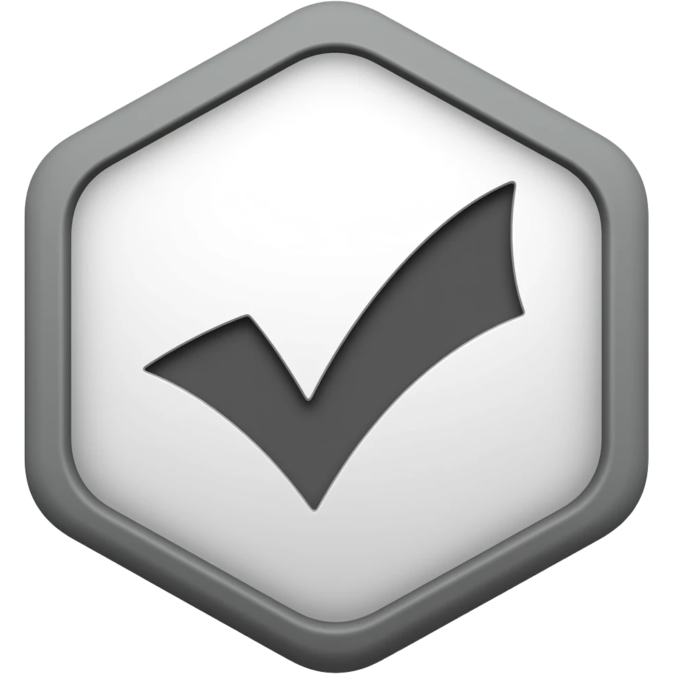 Flat vector icon of a hexagonal shield with rounded corners containing a checkmark. Dark gray outline and symbol on white background. Clean, minimalist verification badge style. emoji