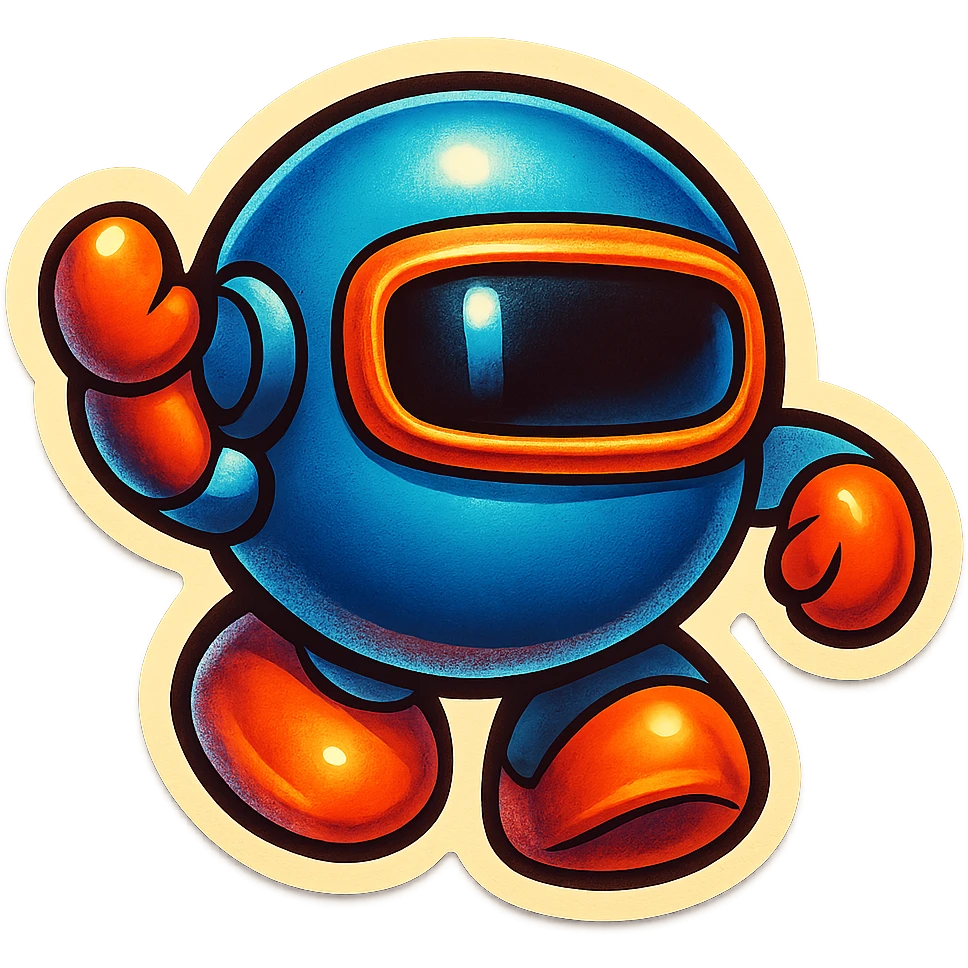 Render this spherical robot in retro stickers style, with bold outlines and vibrant colors, emphasizing a playful and nostalgic look typical of retro stickers. emoji