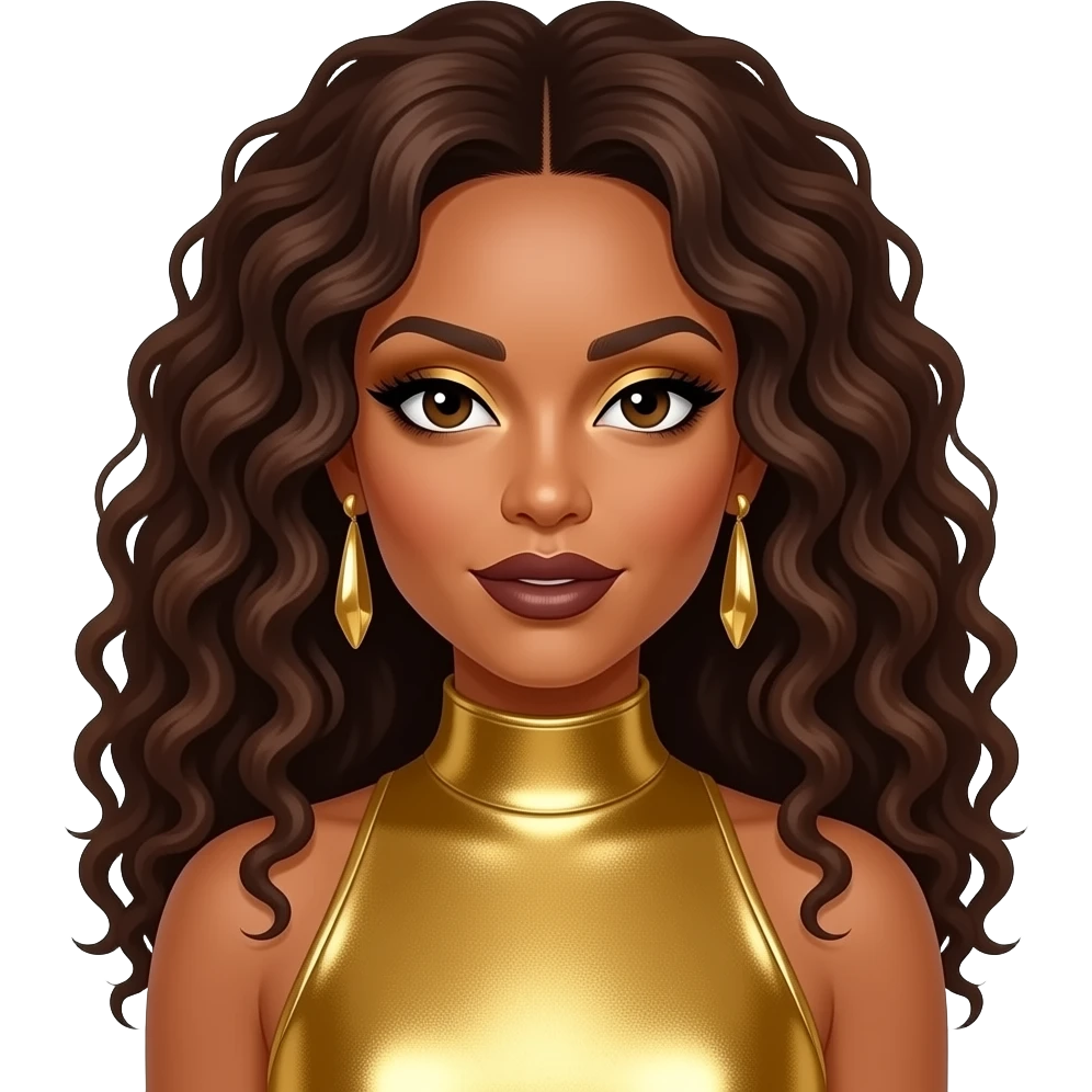 Mel B from Spice Girls with dark brown eyes, long brown afro curly hair, gold eyeshadow, dark brown lipstick, gold metallic high neck dress, gold earrings emoji