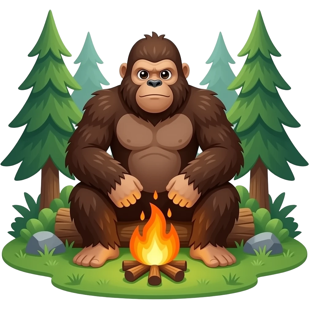 Small Bigfoot sitting  around campfire in woods emoji
