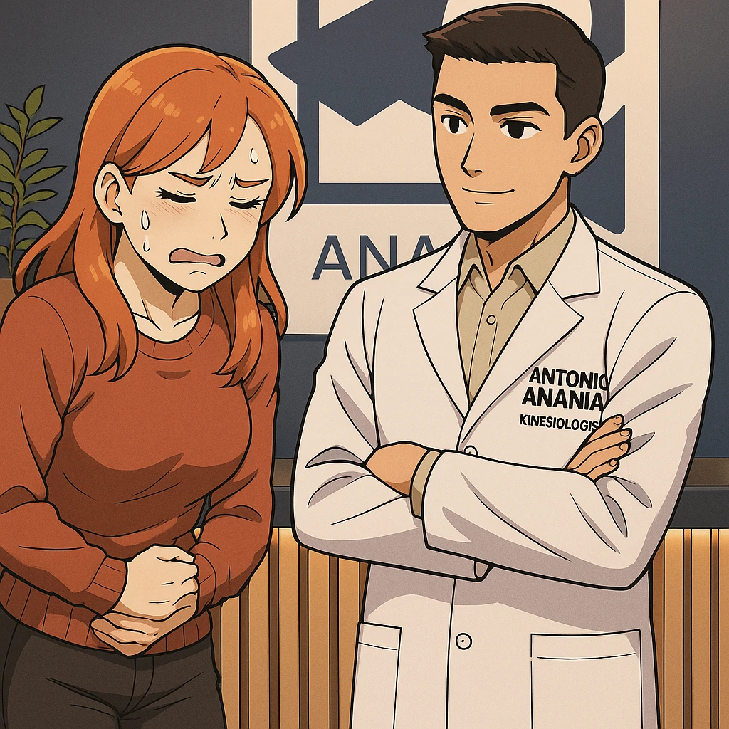 su questo stile fai un manga/webtoon a colori in cui una donna che parla esasperata dal suo problema, l'uomo della foto in stile manga gli risponde, mantieni un ambiente simile alla foto che ho allegato con il suo logo (sarebbe il suo studio, lui è un kinesiologo), scrivigli "ANTONIO ANANIA" sul camice bianco, non mettere fumetti, ma fai in modo che sembri che la donna chiede una cosa e l'uomo risponde alla sua domanda emoji