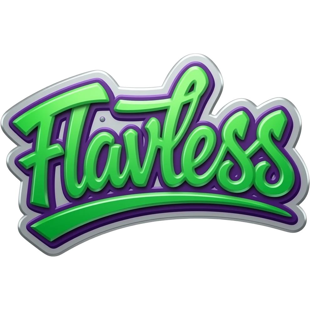 Graffity green  and purple  metálico y 3D al estilo Cyber neon write "Flavless" png background with hrome effect and gyperrealistic emoji