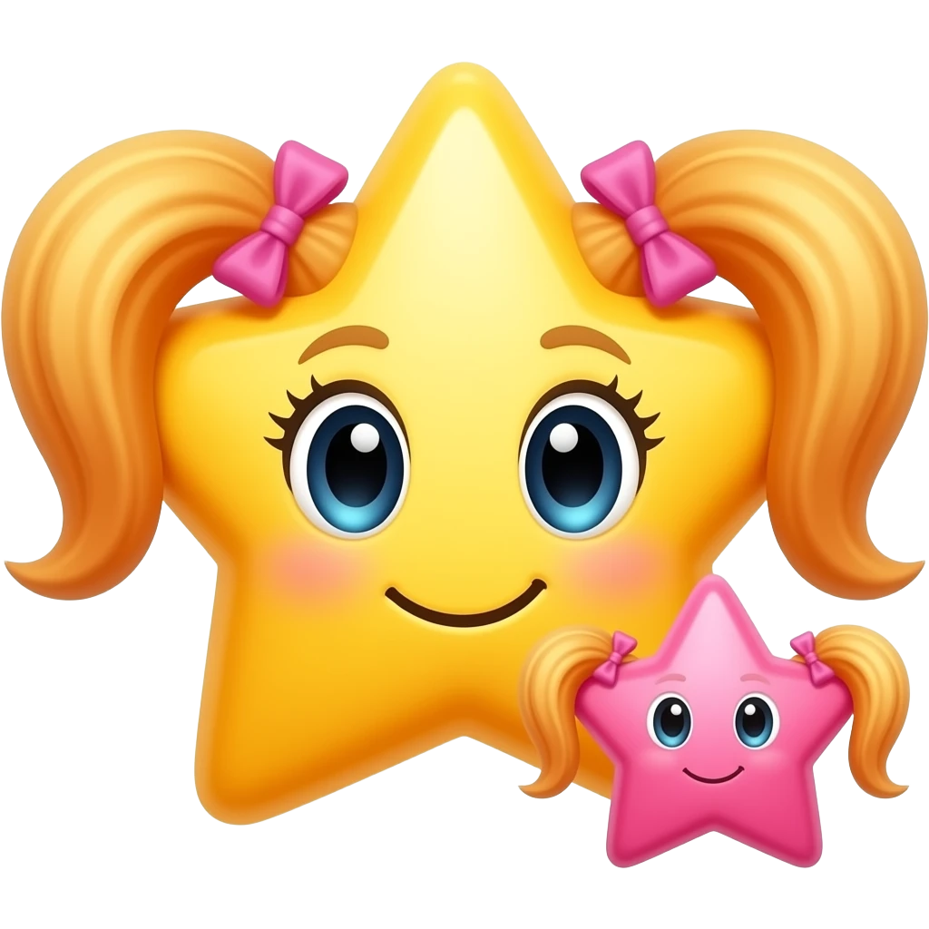 a yellow pointed star and a pink pointed star with orange pigtails tied with pink bows with stars on the ends as his girlfriend emoji