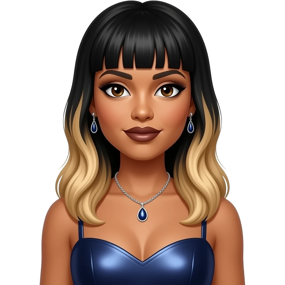 Towanda Braxton from The Braxtons with dark brown eyes, long black bang hair with blonde ombre, black eyeshadow, dark brown lipstick, dark indigo metallic sweetheart dress, necklace and earrings emoji