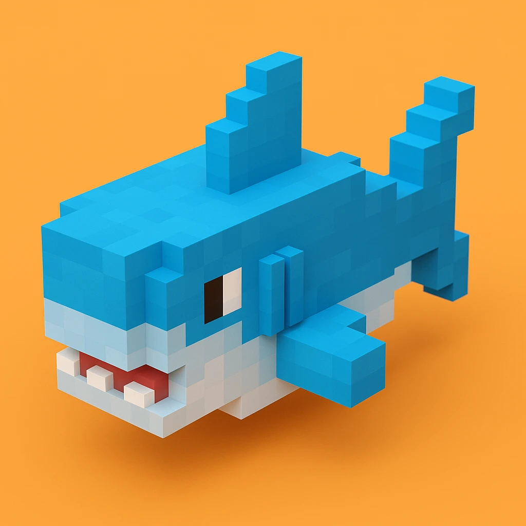 voxel style shark, isometric, blocky, playful, blue and gray colors emoji