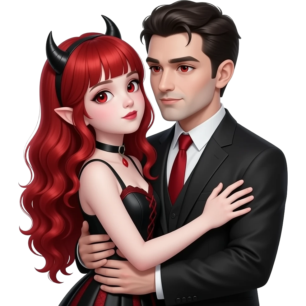 Bambina Vampiro femmina 12enne con capelli lunghi rosso fuoco ondulati e con una frangetta con pelle bianca  sta in braccio al papà VAMPIRO giovane pelle chiara e gli da un bacio sulla guancia emoji