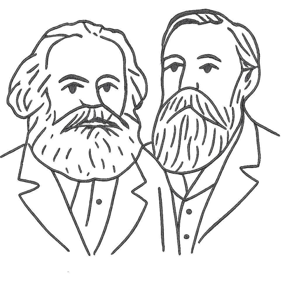 a black outline portrait of Karl Marx and Engels together based on a famous portrait of them, with eyes the same size emoji